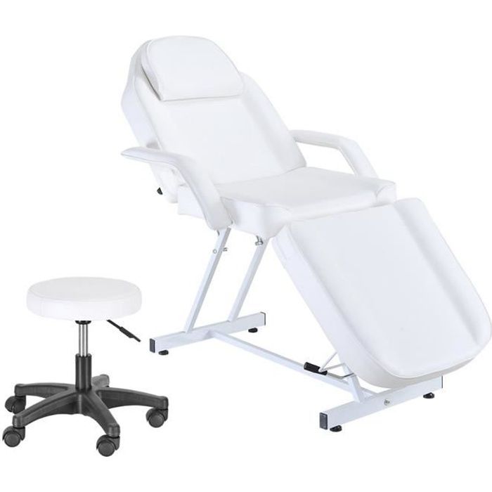 table de massage réglable en cuir pu avec tabouret - blanc - poids: 31kg