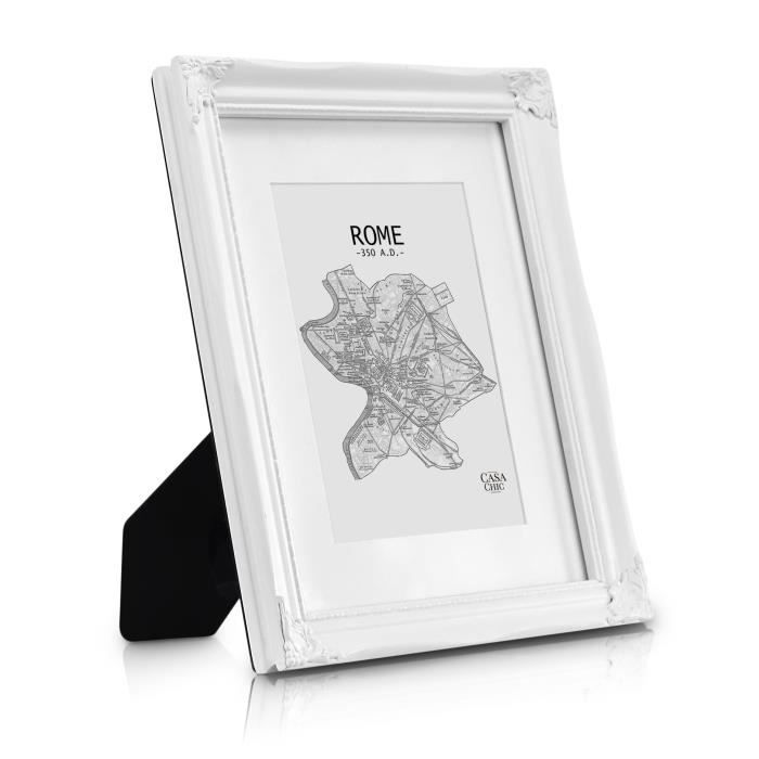 Cadre photo A4 - Vitre en Verre avec Passe-partout pour photo 20x15 cm  inclus - Style Baroque - Blanc