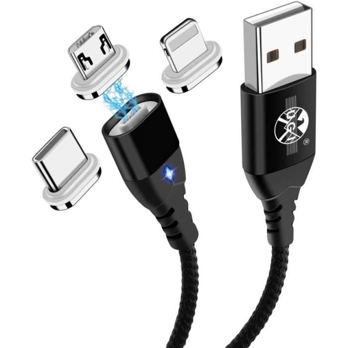 GEEK MONKEY - Câble USB-A 2.1 compatible 3 en 1 - Micro USB/iPhone  Lightning et USB-C - Charge rapide - 2 mètre - Noir