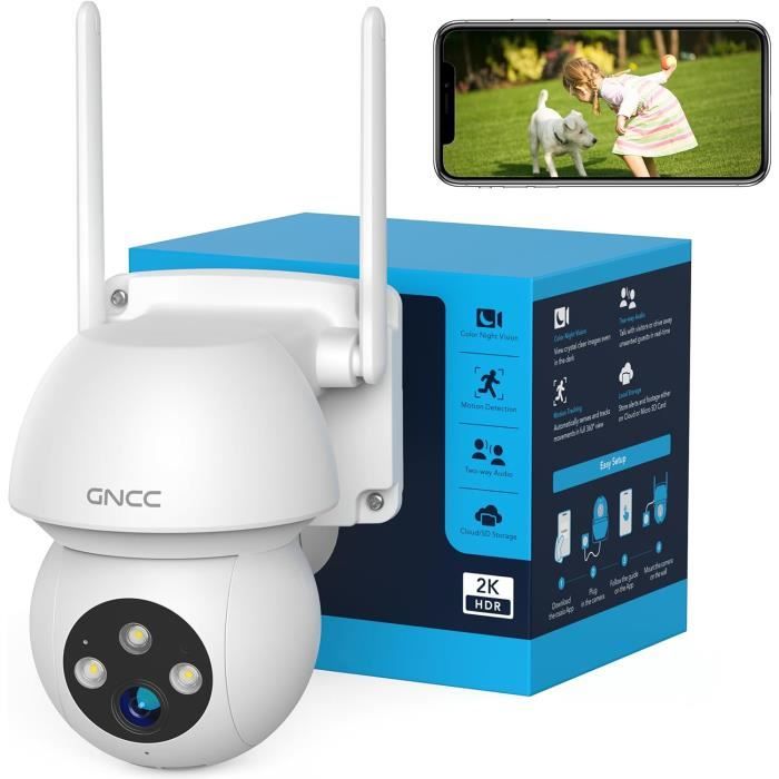 Caméra de Surveillance WiFi Exterieur 360°PTZ GNCC - FHD 1296P - Vision Nocturne en Couleur - Étanche IP66