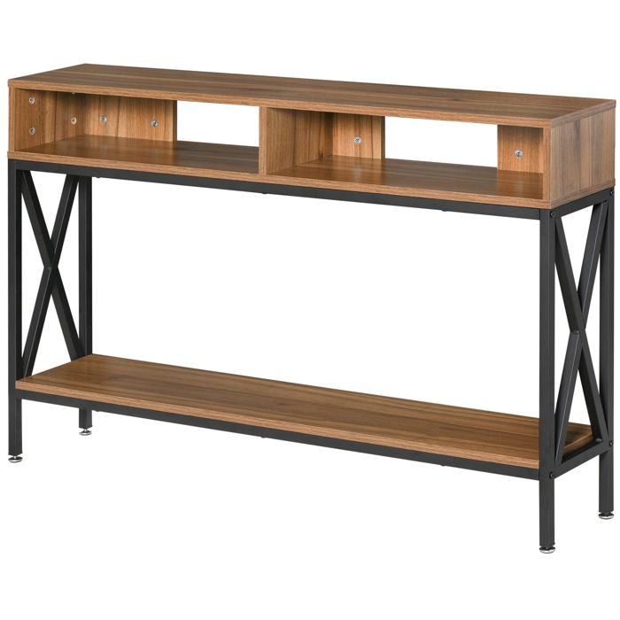 Table console - HOMCOM - table entrée industriel multi-rangements mobilier salon - bois - 120x235x75cm - noyer