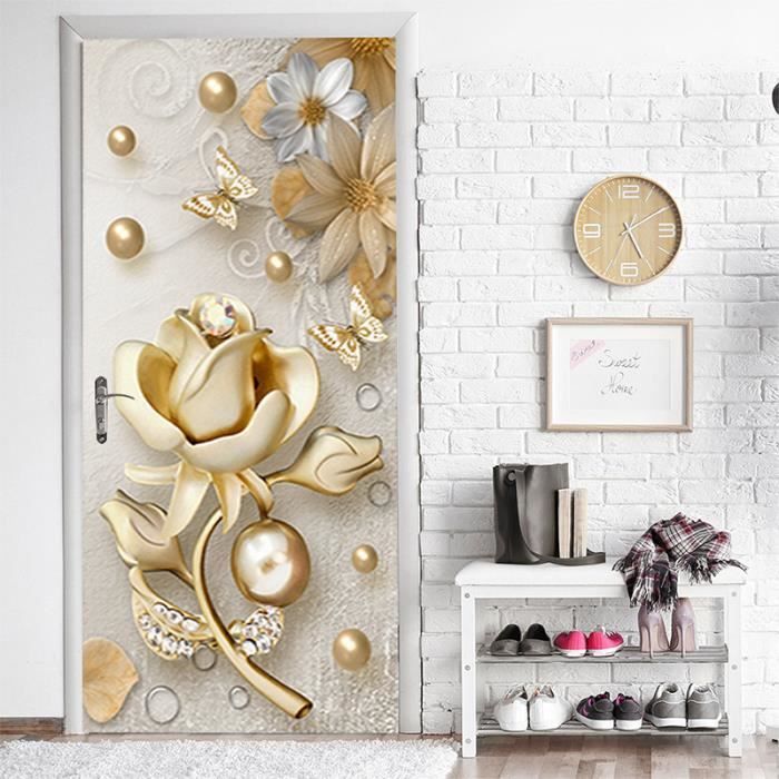 Stickers Porte 3D Effet Feuille D'Or – 77x200 Cm, Autocollant PVC, Pour Porte Lisse, Cuisine, Salon