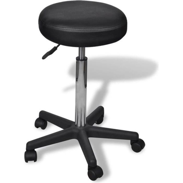 Tabouret rond à roulette - Hauteur réglable - H 65 - 98 cm - Style contemporain - Pivotable à 360 - Tabouret de bureau - Noir