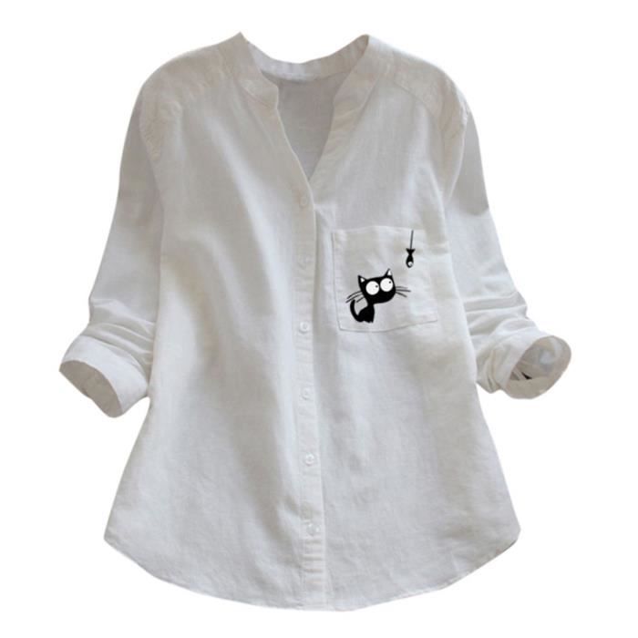 Blouse Femmes Coton Lin Casual Chat Imprime Chemise A Manches Longues Chemisier Boutonne Tops Blanc Blanc Achat Vente Chemisier Blouse Cdiscount