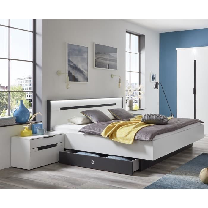 Lit adulte double180x200 cm King Size + 2 chevets coloris blanc-graphite - Longueur 189 x Hauteur 96 x Profondeur 210 cm Lit adulte double180x200 cm King Size + 2 chevets coloris blanc-graphite - Longueur 189 x Hauteur 96 x Profondeur 210 cm