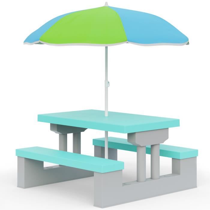 SPIELWERK Salon de jardin pour enfants Gris Menthe ensemble 1 table 2 bancs fixes parasol jouet table terrasse pique-nique