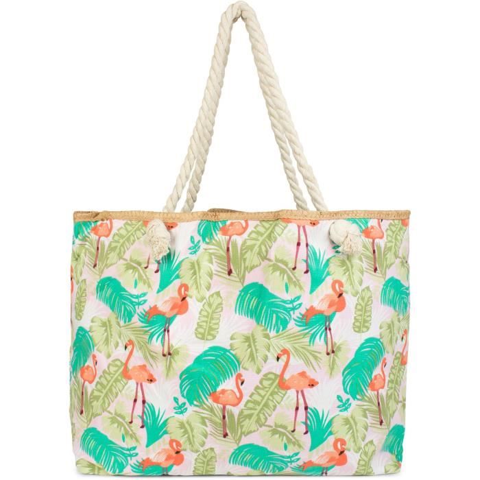 Sac /à Main Couleur:Noir-Blanc styleBREAKER Sac de Plage XXL avec imprim/é /à Rayures et Flamants Roses et Fermeture /à glissi/ère Femme 02012252 Cabas