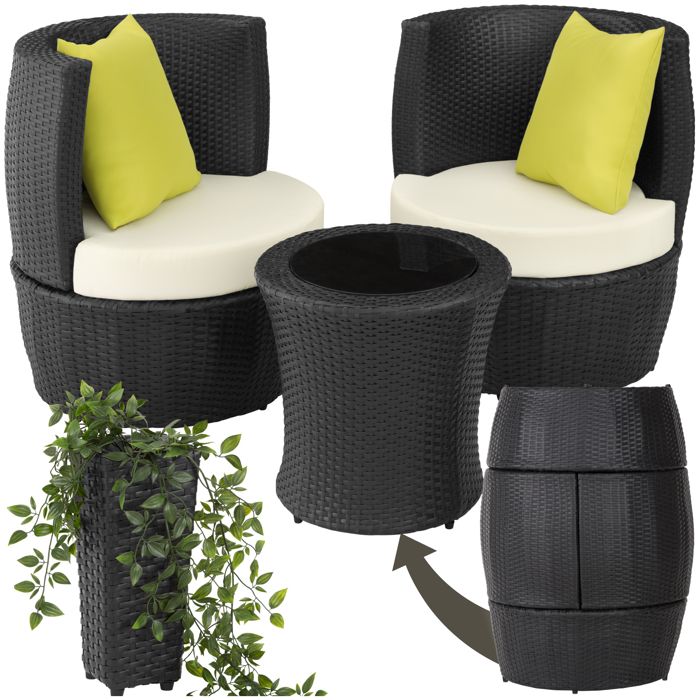 Salon de jardin - TECTAKE - Ensemble détente dextérieur NICE 2 personnes en résine avec 2 fauteuils et table encastrables - Noir