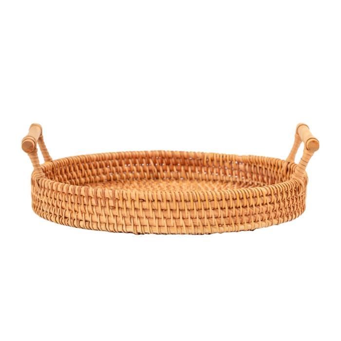 Plateau De Service En Rotin Rond – Avec Poignées Et Mosaïque Coquillage – 24 Cm De Diamètre – Tissé à La Main – Pour Fruits, Café, Dessert, Rangement Déco - 3