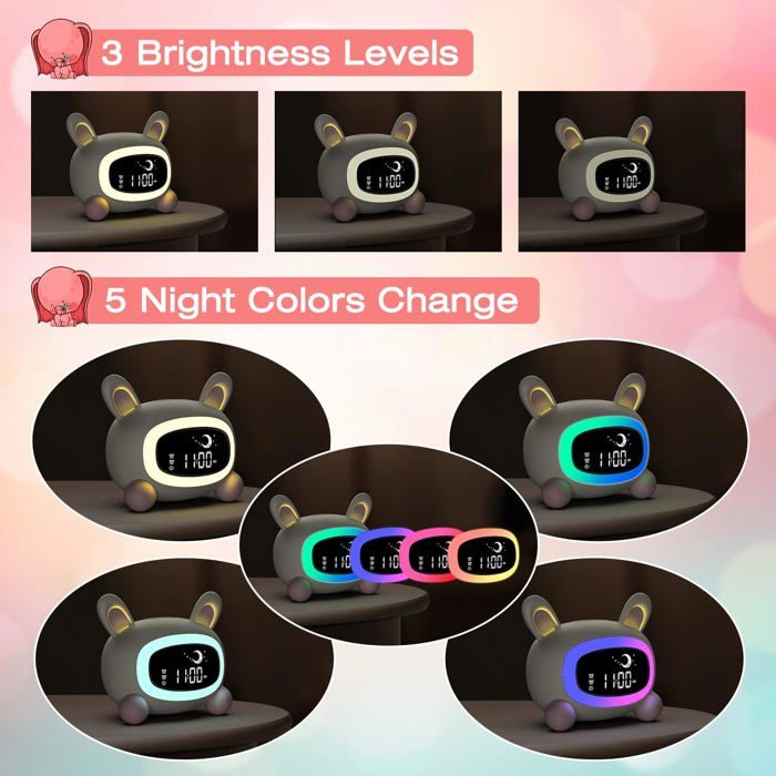 Réveil Enfant Éducatif Lapin – Jour/Nuit Lumineux LED, Musique Douce, Double Alarme, Snooze, Veilleuse 5 Couleurs, Batterie 2000 MAh
