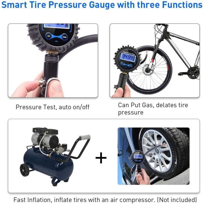 Manomètre Pression Pneus Numérique 220 PSI | Gonfleur Voiture Moto Vélo Avec 24 Accessoires - Adiwo