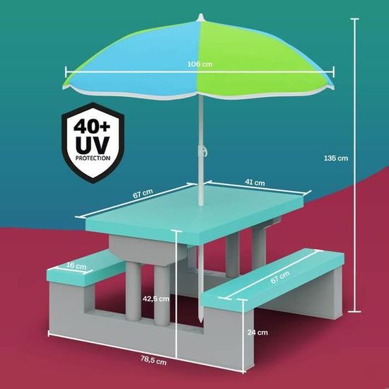 Spielwerk Salon De Jardin Enfant Rose - Table + 2 Bancs + Parasol - Jeu Intérieur Extérieur - Ensemble Pique-Nique Portable Pour Enfants 3-6 Ans