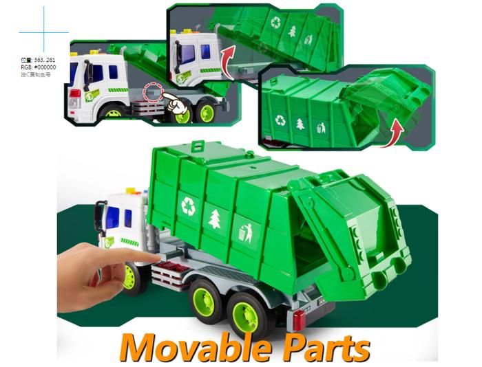HERSITY Camion Poubelle Jouet 1/16 – Son, Lumière, Benne Inclinable 45°, Friction, éducatif, 27 Cm, Dès 3 Ans
