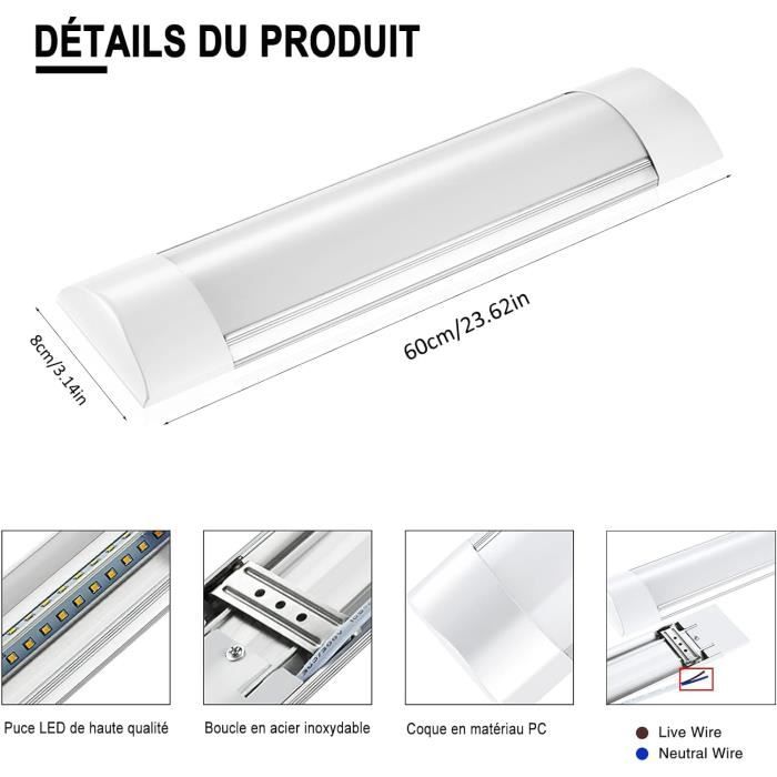 60CM 20W Réglette LED, Réglette LED 6500k Blanc Froid, Led Plafonnier