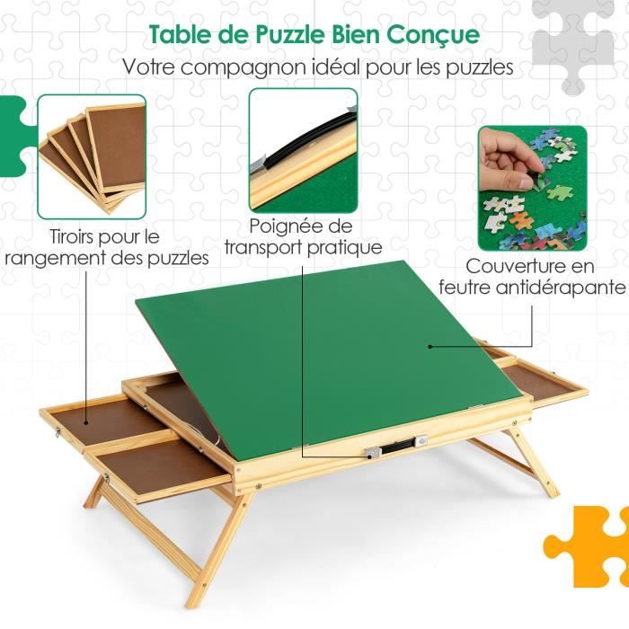 COSTWAY Table de Puzzle en Bois - Plateau de Puzzle avec Plan de Travail  Lisse et 4