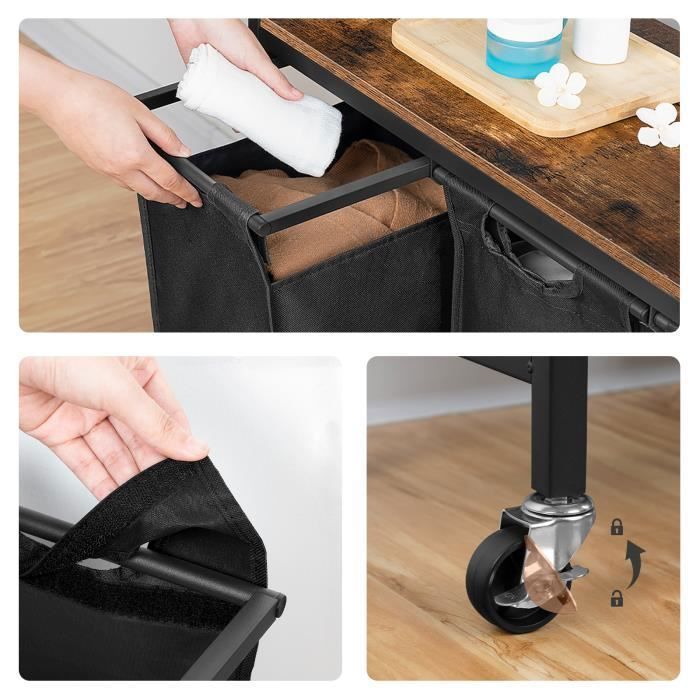 Panier à Linge 140L 3 Compartiments Avec Couvercle - Tissu Oxford Noir - Sacs Lavables Inclus