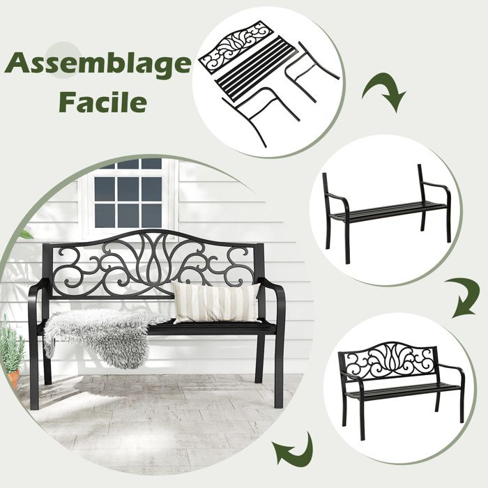 Banc De Jardin 2 Places En Métal Fonte – Design Floral, Dossier Incliné, Capacité 300 Kg Pour Balcon Ou Terrasse