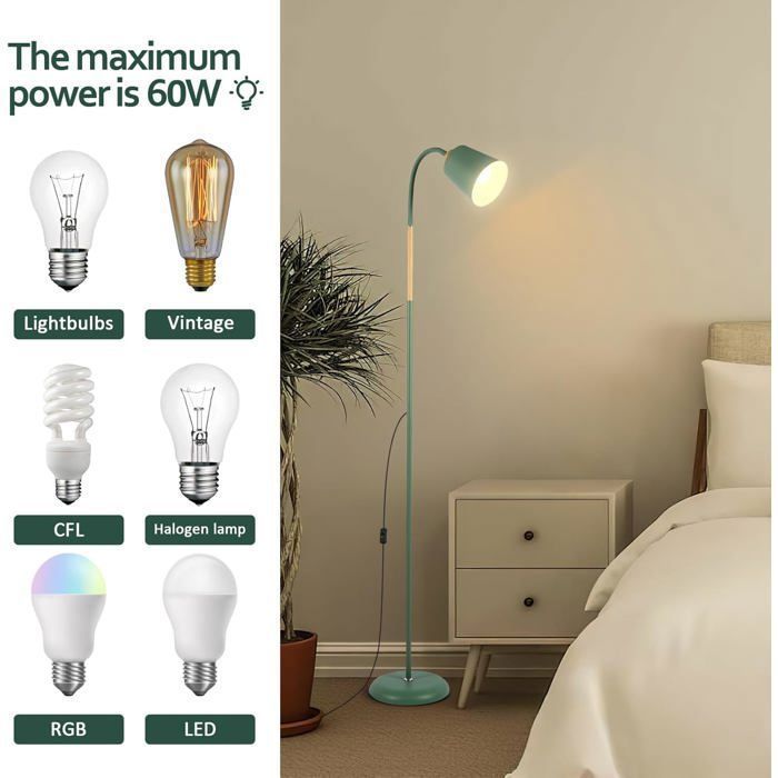 Lampadaire Orientable VILI - Abat-Jour Réglable 360° - Pied Métal Et Bois - E27 Max 60W - Pour Salon/Chambre