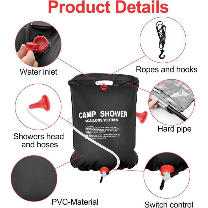 20 litres Douche Solaire Douche Camping avec sur/Hors Commutateur