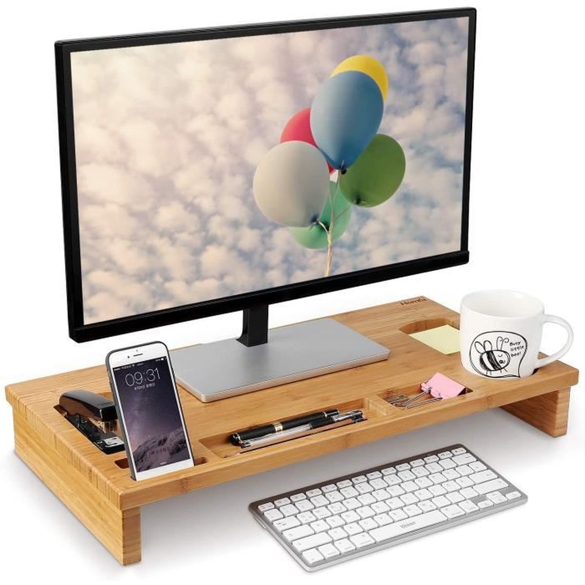 Homfa Rehausseur D Ecran Support De Moniteur Organiseur De Bureau Pour Pc Ordinateur Moniteur En Bambou 60 30 8 5 Cm Prix Pas Cher Cdiscount