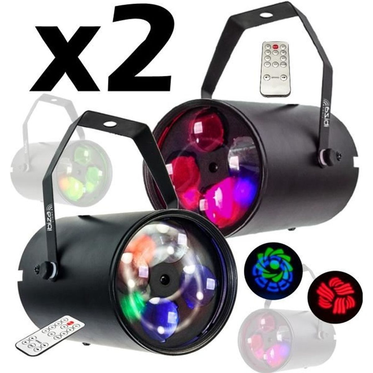 PACK JEUX DE LUMIÈRE 4 EFFETS 2 OVNI UFO 48 LEDS + 1 DERBY RGB + 1 GOBO Flower 3701123910081