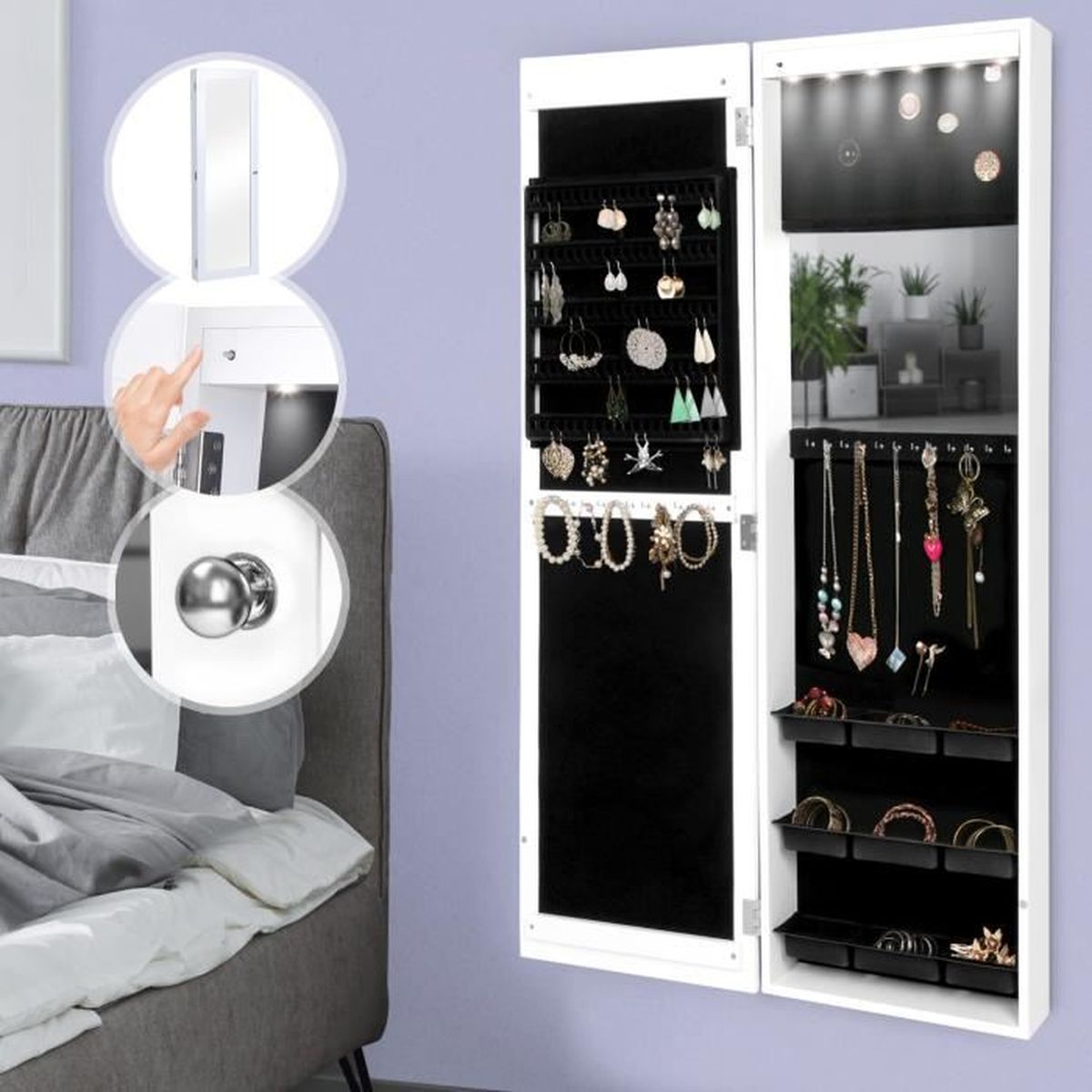 Armoire à Bijoux avec Miroir Murale ou Accrochée à la Porte, 36 x 120