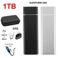 Disque Dur Externe SSD Portable 1TB 1To Noir avec OTG + Étui Housse Sac de Protection HDD pour PC Ordinateur Téléphone Mobile
