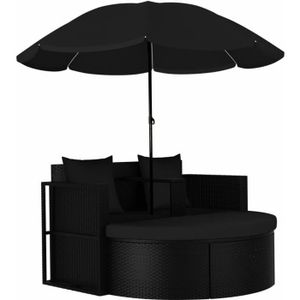 CHAISE LONGUE Lit de jardin avec parasol Résine tressée Noir