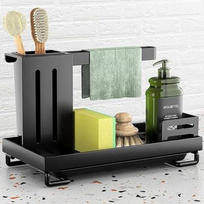 Lot de 4 porte-éponges autocollants, organiseur d'évier, porte-éponge mural, sans perçage, crochet étanche en acier inoxydable (noir, argent