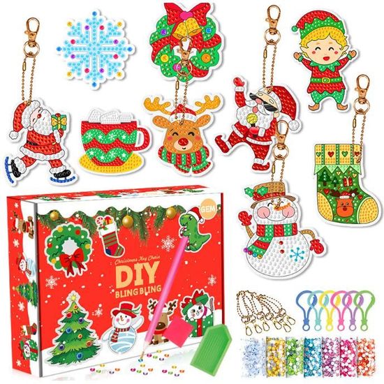 Kit DIY Porte-clés Diamant Painting Noël - 15 Motifs - 5D Strass Ronds - Idée Cadeau Créative