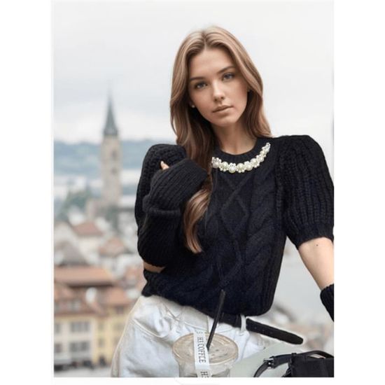 Pull femme l gant automne manche amovible perle couleur unie
