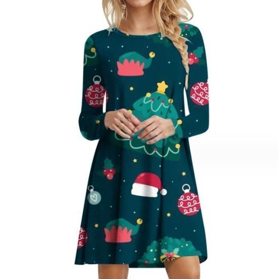 Robe De Noël Femme Manches Longues - Imprimé Renne, Col Rond, Mini Robe D'hiver élégante - 9