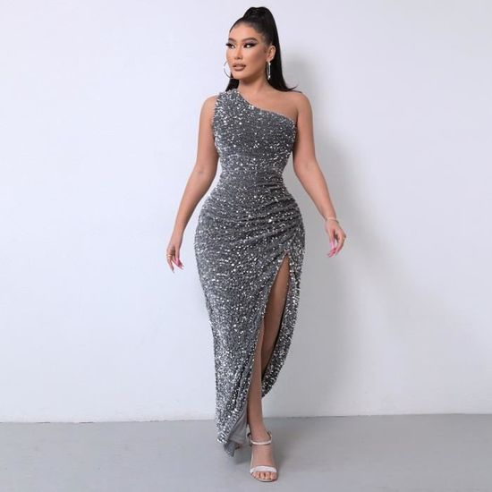 Robe longue femme argentée asymétrique sans manches soirée
