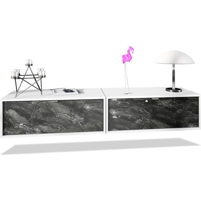 Ensemble de 2 set meuble TV Lana 80 armoire murale lowboard 80 x 29 x 37 cm, caisson en blanc mat, façades en Marbre Graphite