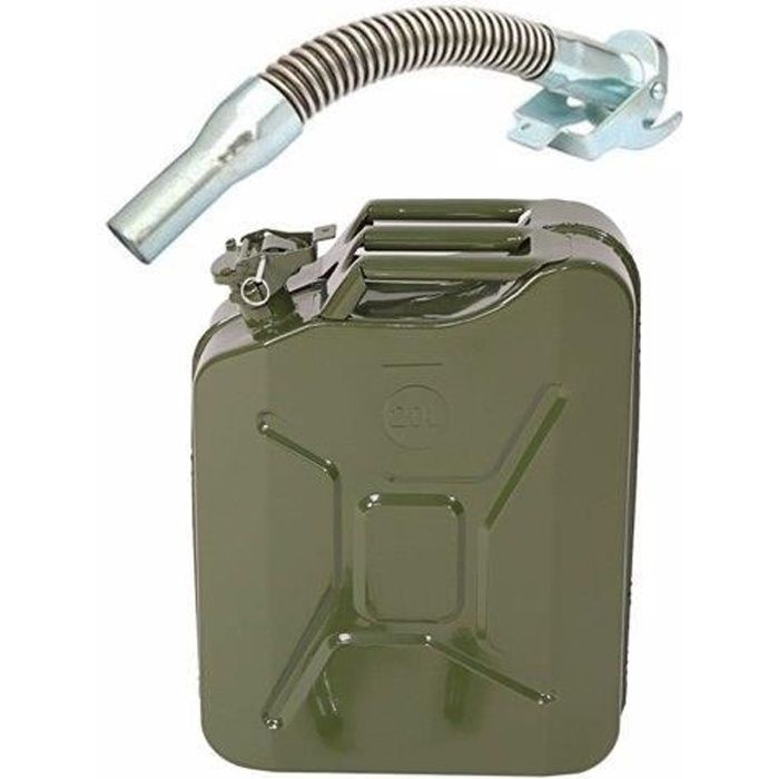Jerricane en métal pour Essence et Diesel–20L–Olive–avec bec verseur 0.6 mm