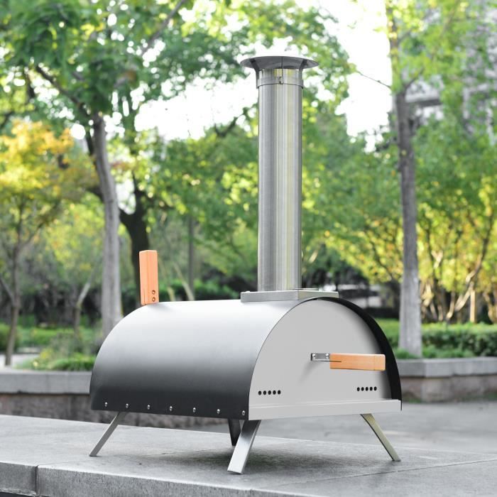 Four à Pizza Inoxydable Jardin Machine Pizza aux Granulés de Bois Pied Pliable+ Pierre Réfractaire+ Thermomètre+ Pelle, 41x51x82cm