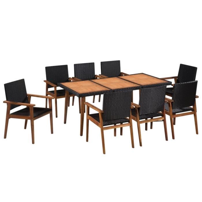 Mobilier d'extérieur 9 pcs Résine tressée Noir et marron - 1 table 180 x 90 x 74 cm et 8 chaises 56 x 61 x 88 cm