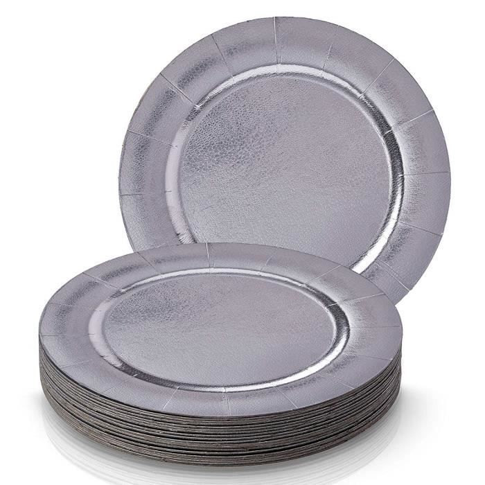 SOUS-ASSIETTES DE FÊTE JETABLES RONDES ASSORTIMENT 20 PCS - 20 sous-assiettes à dîner - Élégante finition métallisée argent - pou