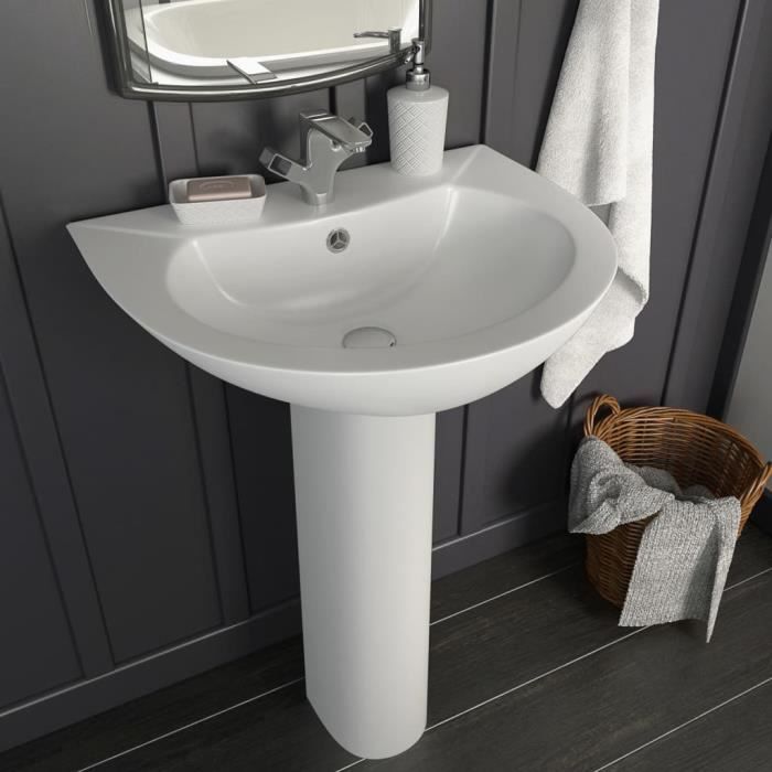 Salle De Bain Moderne : Lavabo à Colonne - Socle Inclus - Céramique Émaillée - Blanc Brillant - 520*440*190mm + 180*170*670mm