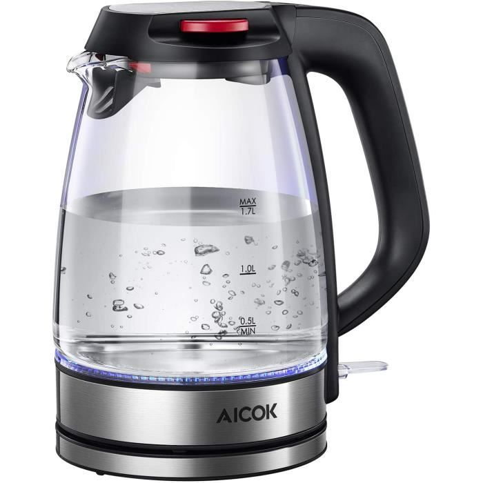 Bouilloire Électrique AICOK Bouilloire Électrique en Verre avec illumination LED, 2200W Rapide pour le Thé, Auto Arrêt, Sans BPA et