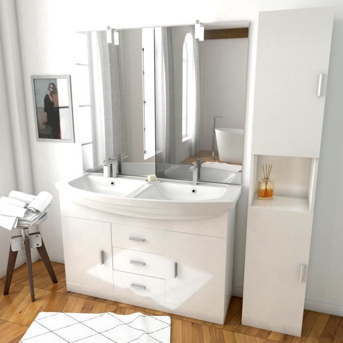 Ensemble de salle de bain blanc 120cm - Double vasque céramique + miroir LED + colonne 2 portes