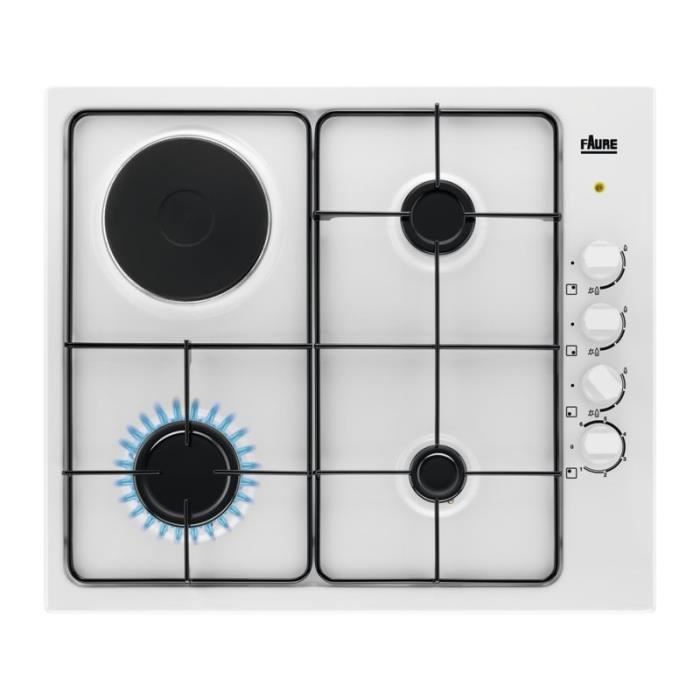 FAURE table de cuisson Mixte Email Encastrable 60cm 3 foyers gaz et 1 électrique Blanc 50