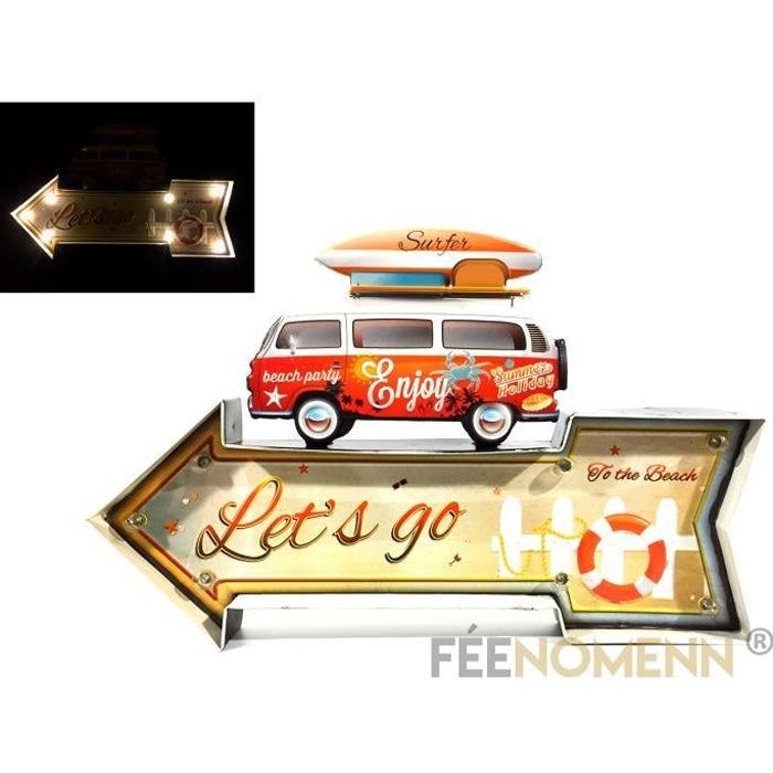 Plaque Métal Lumineuse LED - Déco Murale Vintage - Flèche Combi Surfer Letamp rsquo s Go (30x48cm)