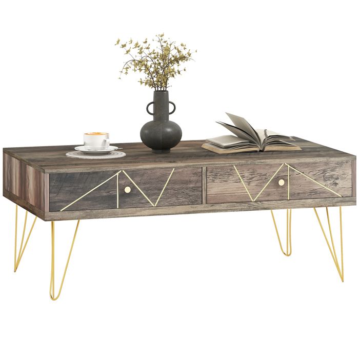 Table Basse en Bois Table de Salon Grand Plateau et 2 Tiroirs Design de Luxe Élégant Décoration avec Lignes Dorées Peintes à La