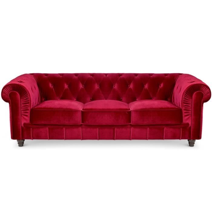 Grand canapé 3 places Chesterfield Velours Rouge