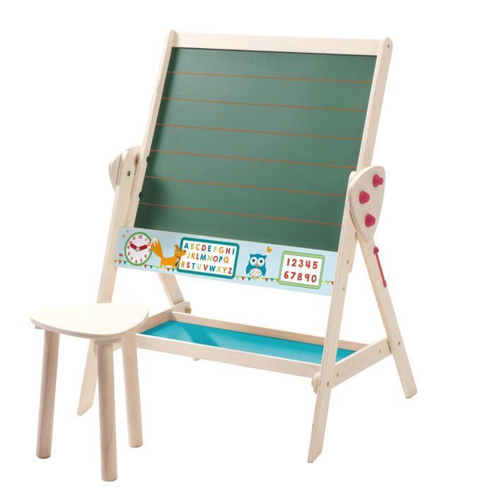 ROBA Ensemble Tableau et Tabouret en Bois pour Enfant - 2 en 1 - Double Face - Naturel