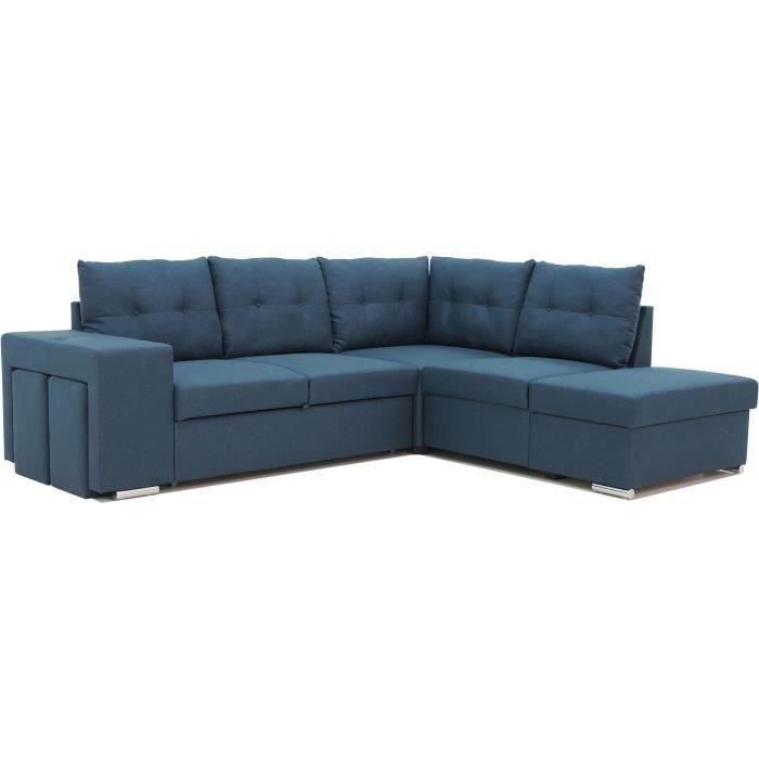 Canapé d'angle convertible réversible 4-5 places MITCHELL - Tissu Bleu - Coffre de rangement - L 245