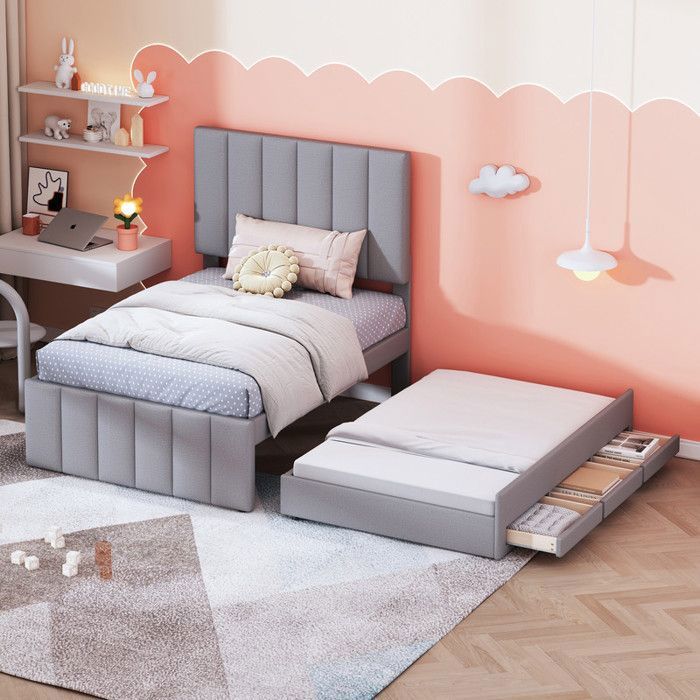 Lit denfant - MODERNLUXE - 90x200 cm - Lit gigogne et tiroirs de rangement - Gris Lit denfant - MODERNLUXE - 90x200 cm - Lit gigogne et tiroirs de rangement - Gris
