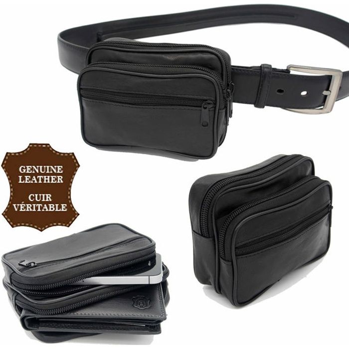 Sacoche de ceinture en Cuir Véritable Homme Noir Poche zippée