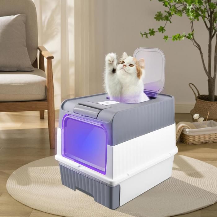 Comparer les prix de BELFOYER Bac à litière pour chat - Bac à litière grand espace - Stérilisation UV - tiroir anti-odeur - 48x35x36cm - Gris